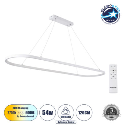 LEDTM® BOLIVAR 61272 Μοντέρνο Κρεμαστό Φωτιστικό Οροφής LED 54W 6210lm 360° AC 220-240V IP20 Ρυθμιζόμενο Λευκό CCT με Χειριστήριο από 2700K έως 6000K Dimmable - Lumileds SMD Chip - Λευκό Ματ - Μ120 x Π30 x Υ2cm - 3 Χρόνια Εγγύηση