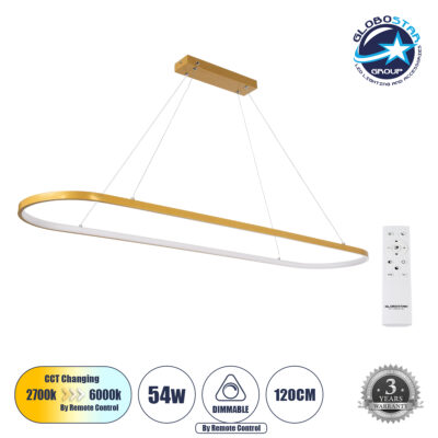 LEDTM® BOLIVAR 61274 Μοντέρνο Κρεμαστό Φωτιστικό Οροφής LED 54W 6210lm 360° AC 220-240V IP20 Ρυθμιζόμενο Λευκό CCT με Χειριστήριο από 2700K έως 6000K Dimmable - Lumileds SMD Chip - Χρυσό Βούρτσας - Μ120 x Π30 x Υ2cm - 3 Χρόνια Εγγύηση