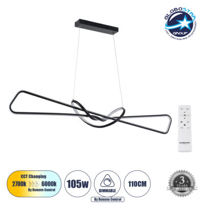 LEDTM® DOLORES 61279 Μοντέρνο Κρεμαστό Φωτιστικό Οροφής LED 105W 11760lm 300° AC 220-240V IP20 Ρυθμιζόμενο Λευκό CCT με Χειριστήριο από 2700K έως 6000K Dimmable - Lumileds SMD Chip - Μαύρο Ματ - Μ110 x Π17 x Υ17.5cm - 3 Χρόνια Εγγύηση