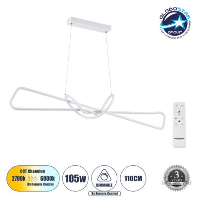 LEDTM® DOLORES 61280 Μοντέρνο Κρεμαστό Φωτιστικό Οροφής LED 105W 11760lm 300° AC 220-240V IP20 Ρυθμιζόμενο Λευκό CCT με Χειριστήριο από 2700K έως 6000K Dimmable - Lumileds SMD Chip - Λευκό Ματ - Μ110 x Π17 x Υ17.5cm - 3 Χρόνια Εγγύηση
