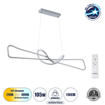 LEDTM® DOLORES 61281 Μοντέρνο Κρεμαστό Φωτιστικό Οροφής LED 105W 11760lm 300° AC 220-240V IP20 Ρυθμιζόμενο Λευκό CCT με Χειριστήριο από 2700K έως 6000K Dimmable - Lumileds SMD Chip - Νίκελ Βούρτσας - Μ110 x Π17 x Υ17.5cm - 3 Χρόνια Εγγύηση