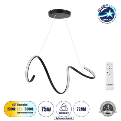 LEDTM® SPIRALE 61283 Μοντέρνο Κρεμαστό Φωτιστικό Οροφής LED 75W 8400lm 300° AC 220-240V IP20 Ρυθμιζόμενο Λευκό CCT με Χειριστήριο από 2700K έως 6000K Dimmable - Lumileds SMD Chip - Μαύρο Ματ - Μ72 x Π25 x Υ30cm - 3 Χρόνια Εγγύηση
