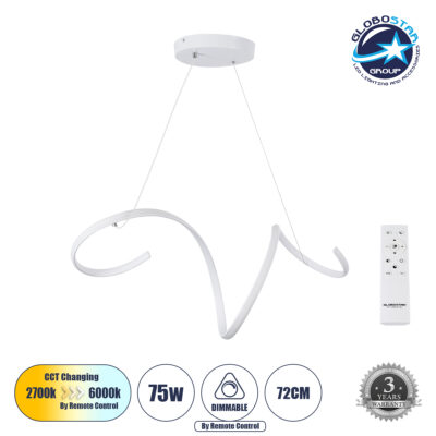 LEDTM® SPIRALE 61284 Μοντέρνο Κρεμαστό Φωτιστικό Οροφής LED 75W 8400lm 300° AC 220-240V IP20 Ρυθμιζόμενο Λευκό CCT με Χειριστήριο από 2700K έως 6000K Dimmable - Lumileds SMD Chip - Λευκό Ματ - Μ72 x Π25 x Υ30cm - 3 Χρόνια Εγγύηση