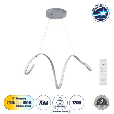LEDTM® SPIRALE 61285 Μοντέρνο Κρεμαστό Φωτιστικό Οροφής LED 75W 8400lm 300° AC 220-240V IP20 Ρυθμιζόμενο Λευκό CCT με Χειριστήριο από 2700K έως 6000K Dimmable - Lumileds SMD Chip - Νίκελ Βούρτσας - Μ72 x Π25 x Υ30cm - 3 Χρόνια Εγγύηση