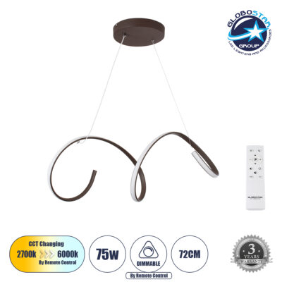 LEDTM® SPIRALE 61287 Μοντέρνο Κρεμαστό Φωτιστικό Οροφής LED 75W 8400lm 300° AC 220-240V IP20 Ρυθμιζόμενο Λευκό CCT με Χειριστήριο από 2700K έως 6000K Dimmable - Lumileds SMD Chip - Καφέ Ματ - Μ72 x Π25 x Υ30cm - 3 Χρόνια Εγγύηση