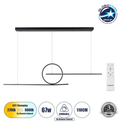 LEDTM® TEREZA 61288 Μοντέρνο Κρεμαστό Φωτιστικό Οροφής LED 67W 7504lm 300° AC 220-240V IP20 Ρυθμιζόμενο Λευκό CCT με Χειριστήριο από 2700K έως 6000K Dimmable - Lumileds SMD Chip - Μαύρο Ματ - Μ110 x Π4.5 x Υ34cm - 3 Χρόνια Εγγύηση