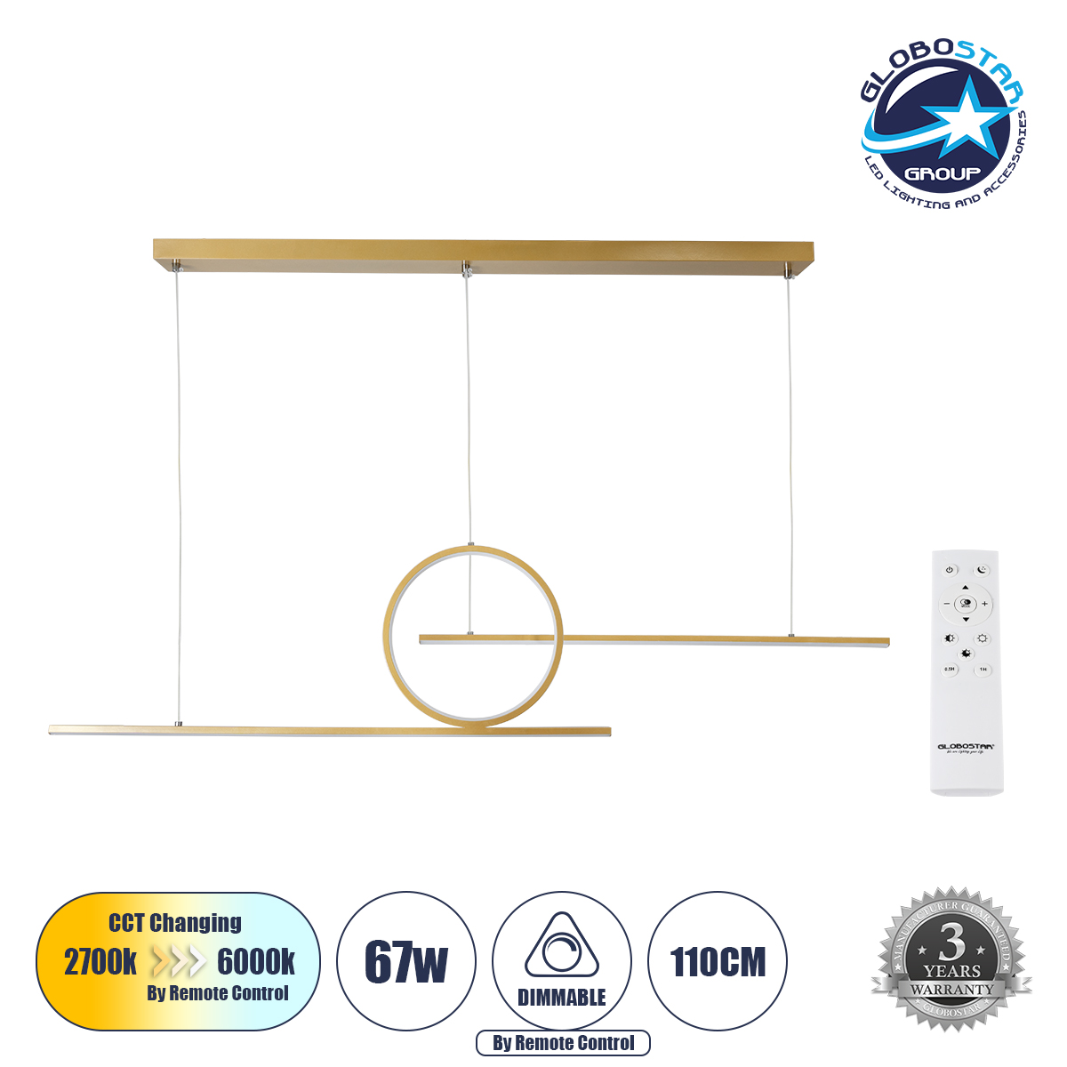 LEDTM® TEREZA 61289 Μοντέρνο Κρεμαστό Φωτιστικό Οροφής LED 67W 7504lm 300° AC 220-240V IP20 Ρυθμιζόμενο Λευκό CCT με Χειριστήριο από 2700K έως 6000K Dimmable - Lumileds SMD Chip - Χρυσό Βούρτσας - Μ110 x Π4.5 x Υ34cm - 3 Χρόνια Εγγύηση