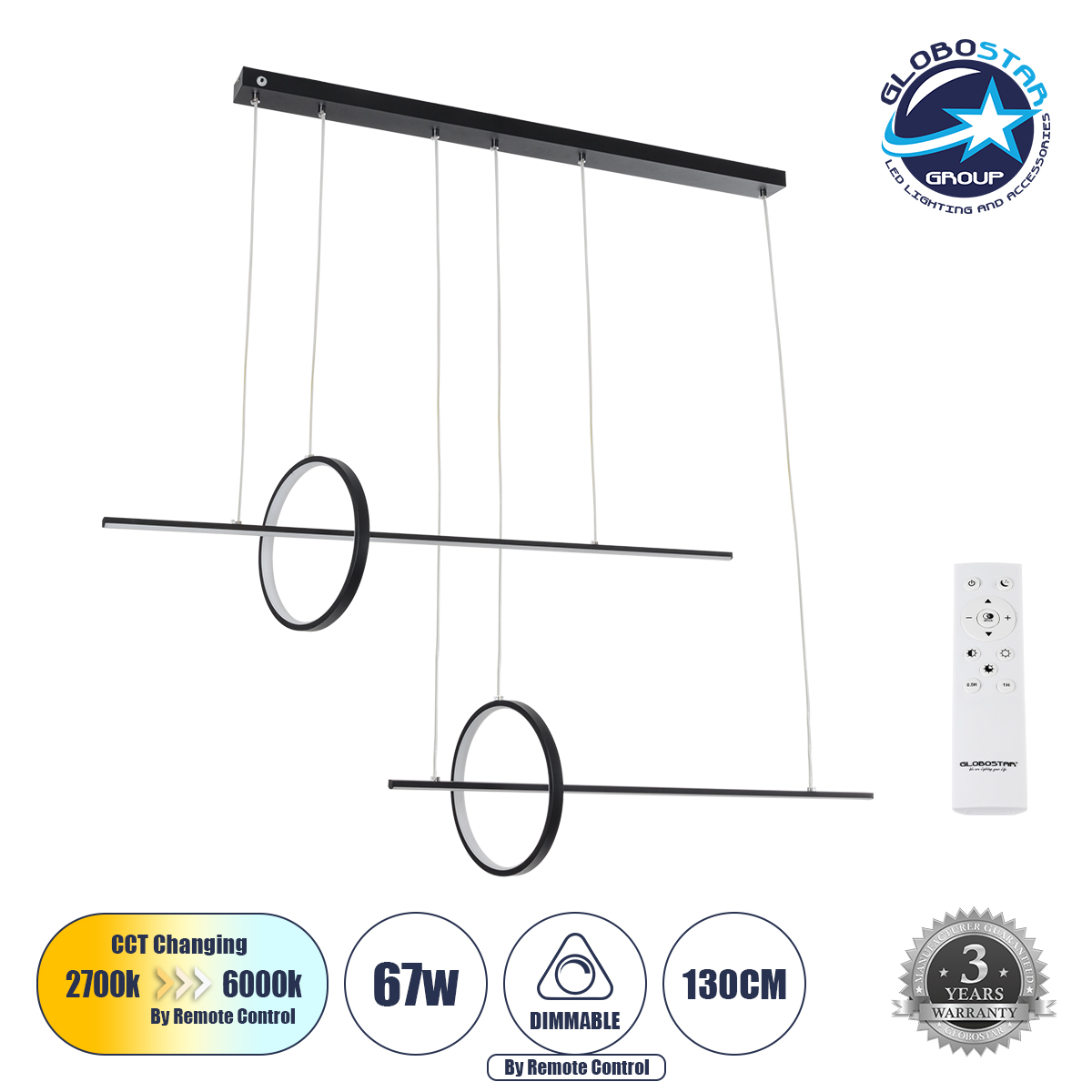 LEDTM® LINEARE 61290 Μοντέρνο Κρεμαστό Φωτιστικό Οροφής LED 67W 7504lm 300° AC 220-240V IP20 Ρυθμιζόμενο Λευκό CCT με Χειριστήριο από 2700K έως 6000K Dimmable - Lumileds SMD Chip - Μαύρο Ματ - Μ130 x Π25 x Υ60cm - 3 Χρόνια Εγγύηση