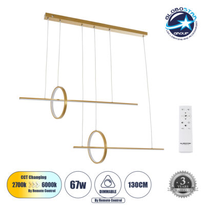 LEDTM® LINEARE 61291 Μοντέρνο Κρεμαστό Φωτιστικό Οροφής LED 67W 7504lm 300° AC 220-240V IP20 Ρυθμιζόμενο Λευκό CCT με Χειριστήριο από 2700K έως 6000K Dimmable - Lumileds SMD Chip - Χρυσό Βούρτσας - Μ130 x Π25 x Υ60cm - 3 Χρόνια Εγγύηση