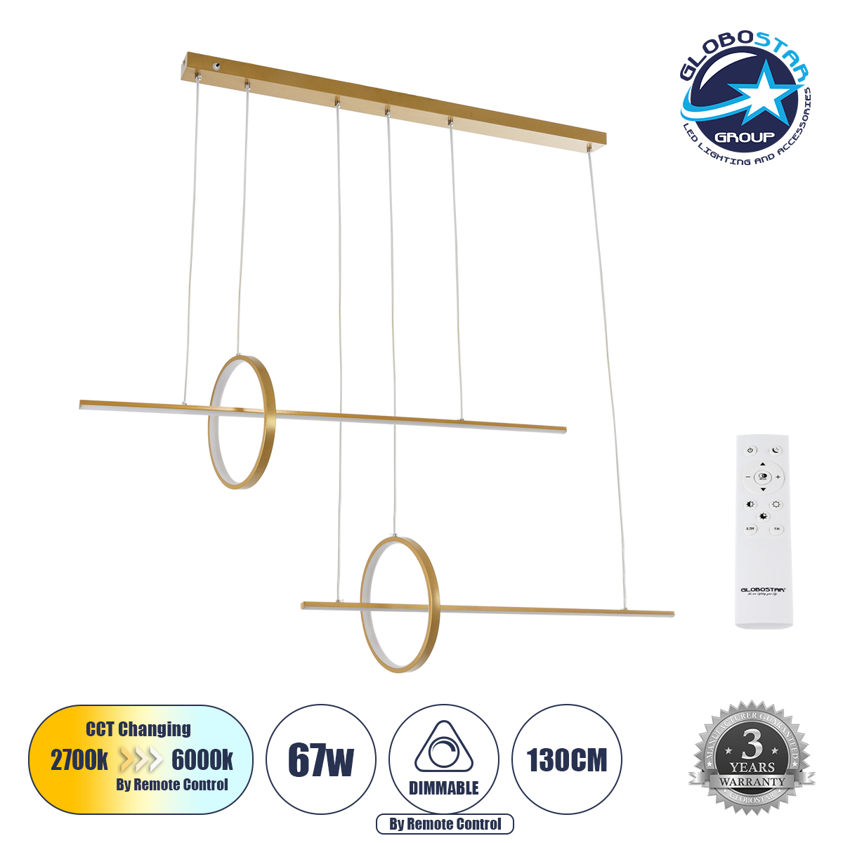 LEDTM® LINEARE 61291 Μοντέρνο Κρεμαστό Φωτιστικό Οροφής LED 67W 7504lm 300° AC 220-240V IP20 Ρυθμιζόμενο Λευκό CCT με Χειριστήριο από 2700K έως 6000K Dimmable - Lumileds SMD Chip - Χρυσό Βούρτσας - Μ130 x Π25 x Υ60cm - 3 Χρόνια Εγγύηση