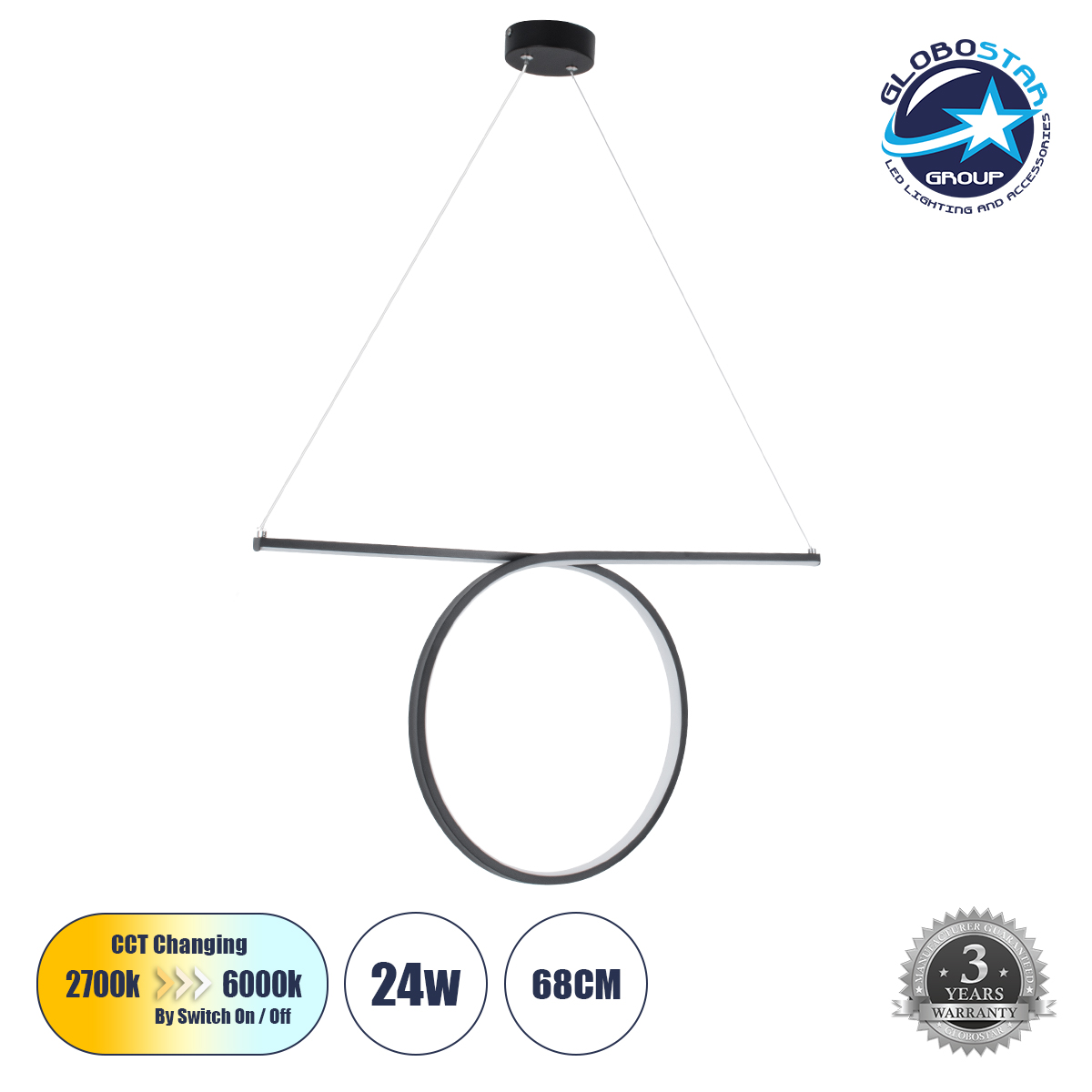 LEDTM® ROME 61294 Μοντέρνο Κρεμαστό Φωτιστικό Οροφής LED 24W 2640lm 200° AC 220-240V IP20 Ρυθμιζόμενο Λευκό CCT με On/Off 2700K/4500K/6000K - Lumileds SMD Chip - Μαύρο Ματ - Μ65.5 x Π4 x Υ33cm - 3 Χρόνια Εγγύηση