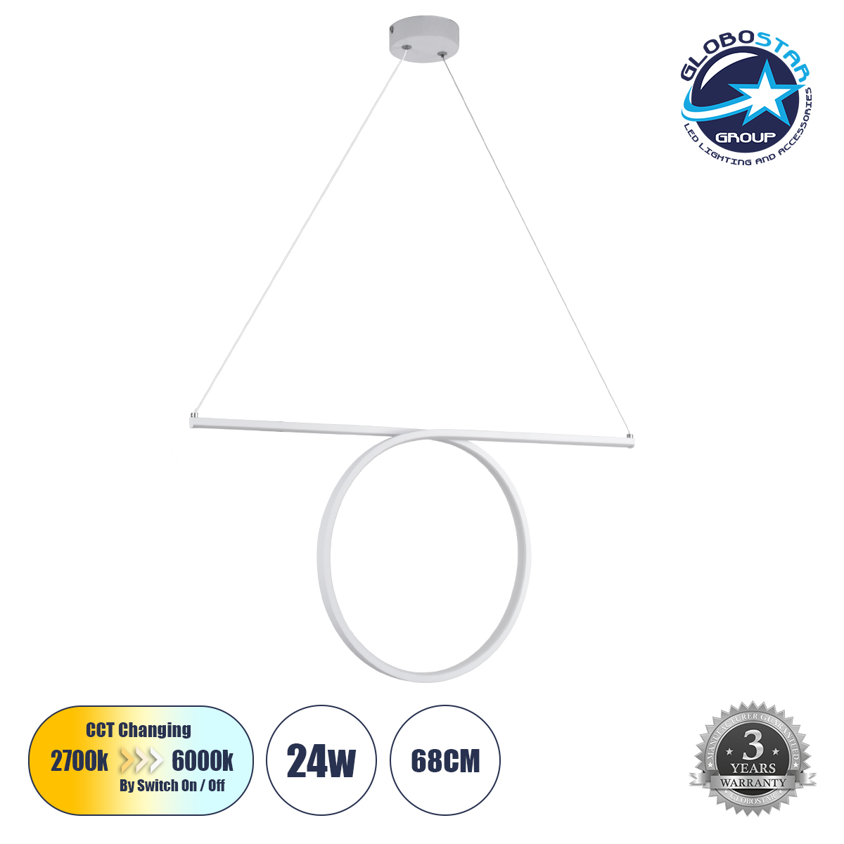 LEDTM® ROME 61295 Μοντέρνο Κρεμαστό Φωτιστικό Οροφής LED 24W 2640lm 200° AC 220-240V IP20 Ρυθμιζόμενο Λευκό CCT με On/Off 2700K/4500K/6000K - Lumileds SMD Chip - Λευκό Ματ - Μ65.5 x Π4 x Υ33cm - 3 Χρόνια Εγγύηση