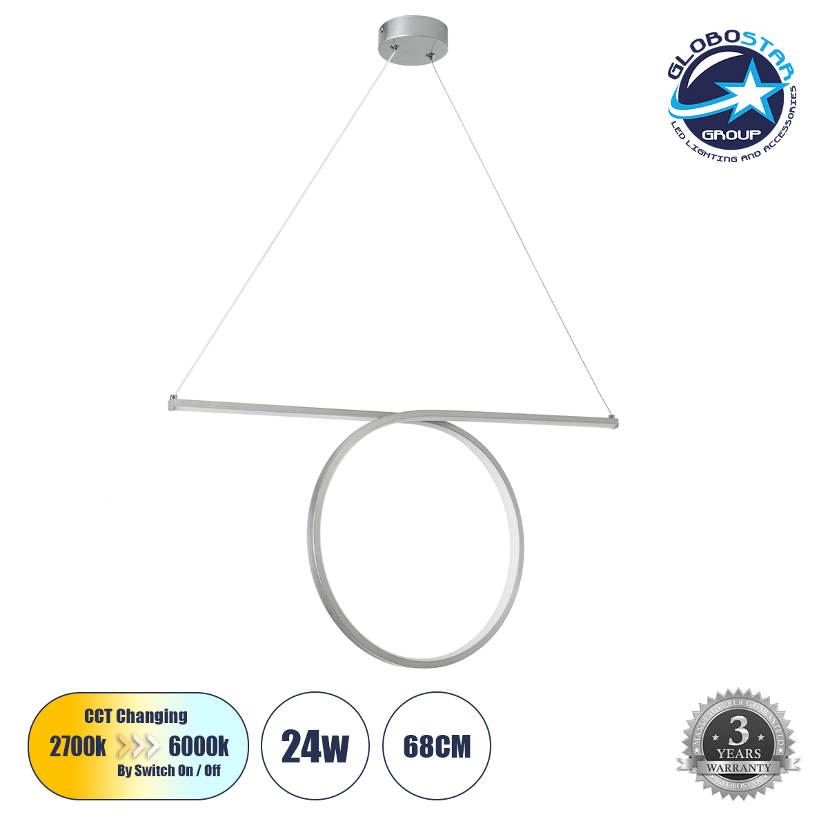 LEDTM® ROME 61296 Μοντέρνο Κρεμαστό Φωτιστικό Οροφής LED 24W 2640lm 200° AC 220-240V IP20 Ρυθμιζόμενο Λευκό CCT με On/Off 2700K/4500K/6000K - Lumileds SMD Chip - Νίκελ Βούρτσας - Μ65.5 x Π4 x Υ33cm - 3 Χρόνια Εγγύηση