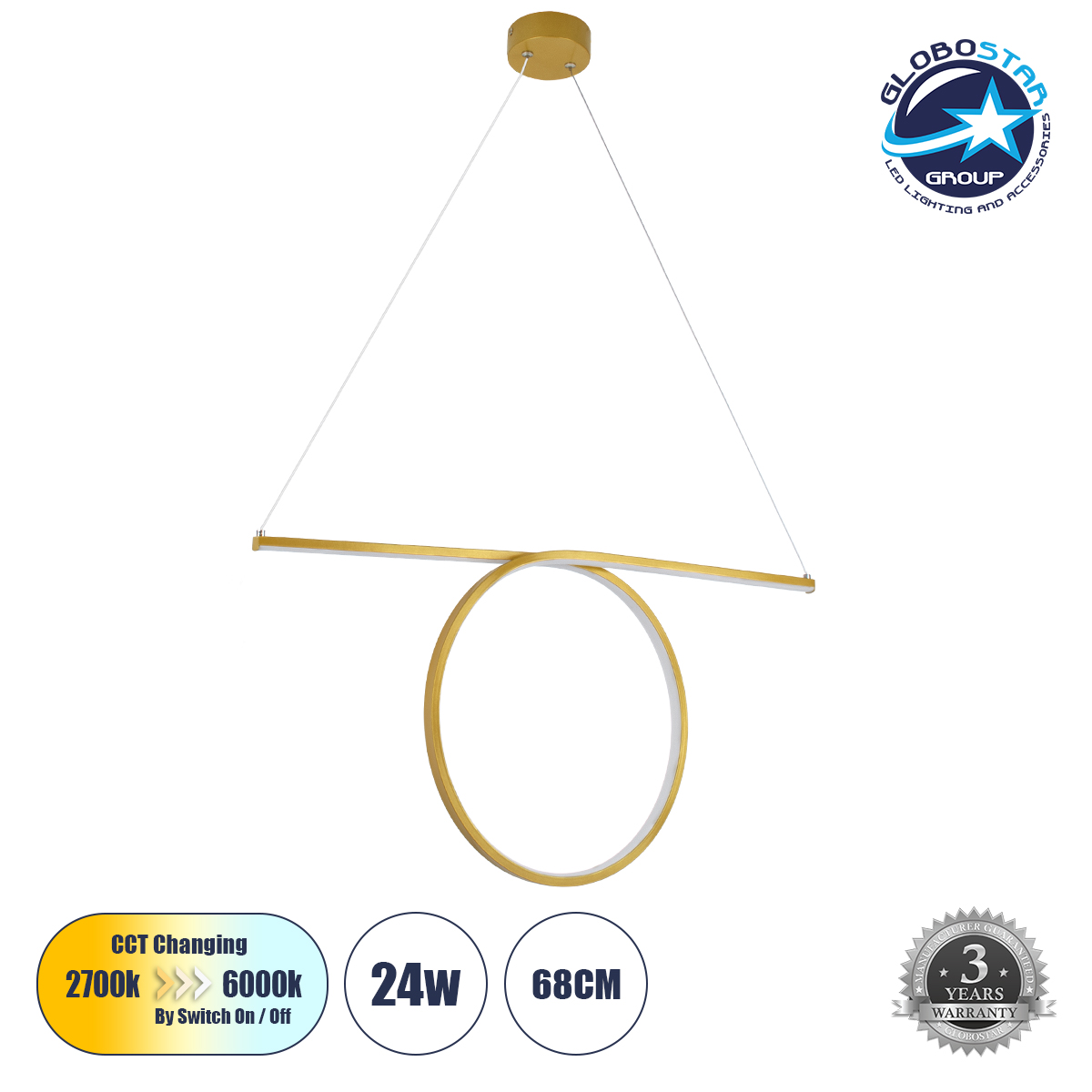 LEDTM® ROME 61297 Μοντέρνο Κρεμαστό Φωτιστικό Οροφής LED 24W 2640lm 200° AC 220-240V IP20 Ρυθμιζόμενο Λευκό CCT με On/Off 2700K/4500K/6000K - Lumileds SMD Chip - Χρυσό Βούρτσας - Μ65.5 x Π4 x Υ33cm - 3 Χρόνια Εγγύηση