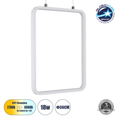 LEDTM® NEROBA 61303 Μοντέρνο Κρεμαστό Φωτιστικό Οροφής LED 18W 1980lm 360° AC 220-240V IP20 Ρυθμιζόμενο Λευκό CCT με On/Off 2700K/4500K/6000K - Lumileds SMD Chip - Λευκό Ματ - Μ29 x Π2 x Υ36cm - 3 Χρόνια Εγγύηση