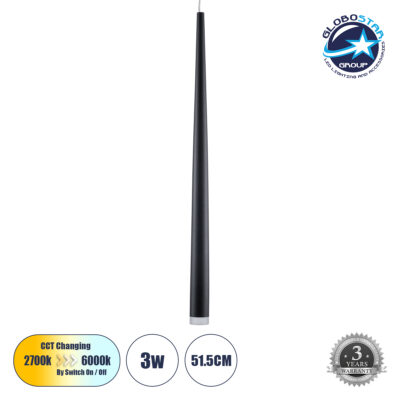 LEDTM® TEARS 61309 Μοντέρνο Κρεμαστό Φωτιστικό Οροφής LED 3W 330lm 180° AC 220-240V IP20 Ρυθμιζόμενο Λευκό CCT με Χειριστήριο από 2700K έως 6000K Dimmable - Lumileds SMD Chip - Μαύρο Ματ - Μ3.2 x Π3.2 x Υ51.5cm - 3 Χρόνια Εγγύηση