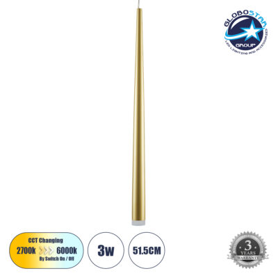 LEDTM® TEARS 61310 Μοντέρνο Κρεμαστό Φωτιστικό Οροφής LED 3W 330lm 180° AC 220-240V IP20 Ρυθμιζόμενο Λευκό CCT με On/Off 2700K/4500K/6000K - Lumileds SMD Chip - Χρυσό Βούρτσας - Μ3.2 x Π3.2 x Υ51.5cm - 3 Χρόνια Εγγύηση