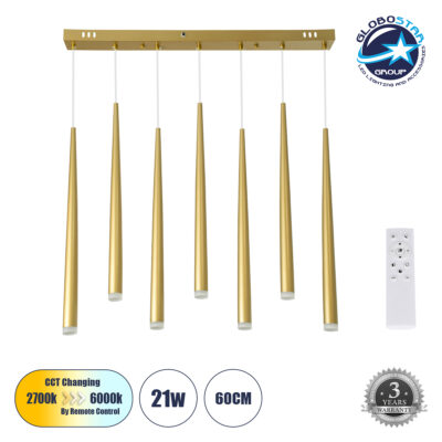 LEDTM® TEARS 61312 Μοντέρνο Κρεμαστό Φωτιστικό Οροφής LED 21W 2310lm 180° AC 220-240V IP20 Ρυθμιζόμενο Λευκό CCT με Χειριστήριο από 2700K έως 6000K Dimmable - Lumileds SMD Chip - Χρυσό Βούρτσας - Μ70 x Π3.2 x Υ60cm - 3 Χρόνια Εγγύηση