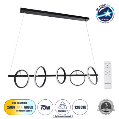 LEDTM® CIRCOLARE 61319 Μοντέρνο Κρεμαστό Φωτιστικό Οροφής LED 75W 8400lm 360° AC 220-240V IP20 Ρυθμιζόμενο Λευκό CCT με Χειριστήριο από 2700K έως 6000K Dimmable - Lumileds SMD Chip - Μαύρο Ματ - Μ120 x Π25 x Υ25cm - 3 Χρόνια Εγγύηση