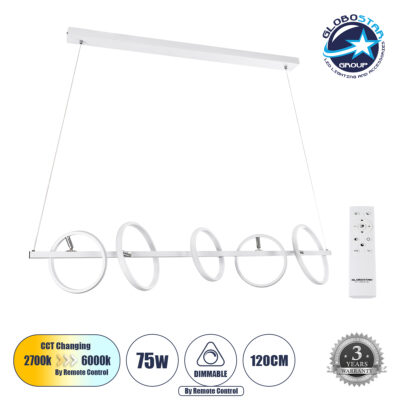 LEDTM® CIRCOLARE 61320 Μοντέρνο Κρεμαστό Φωτιστικό Οροφής LED 75W 8400lm 360° AC 220-240V IP20 Ρυθμιζόμενο Λευκό CCT με Χειριστήριο από 2700K έως 6000K Dimmable - Lumileds SMD Chip - Λευκό Ματ - Μ120 x Π25 x Υ25cm - 3 Χρόνια Εγγύηση