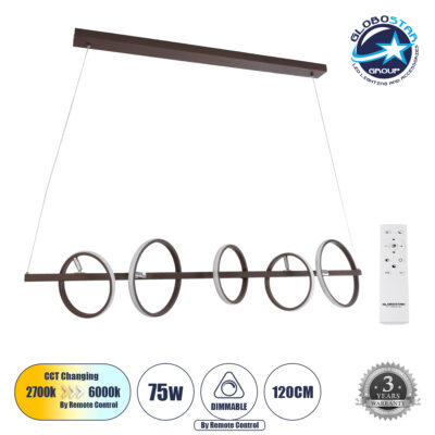 LEDTM® CIRCOLARE 61321 Μοντέρνο Κρεμαστό Φωτιστικό Οροφής LED 75W 8400lm 360° AC 220-240V IP20 Ρυθμιζόμενο Λευκό CCT με Χειριστήριο από 2700K έως 6000K Dimmable - Lumileds SMD Chip - Καφέ - Μ120 x Π25 x Υ25cm - 3 Χρόνια Εγγύηση