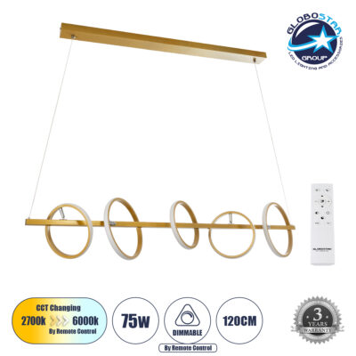 LEDTM® CIRCOLARE 61322 Μοντέρνο Κρεμαστό Φωτιστικό Οροφής LED 75W 8400lm 360° AC 220-240V IP20 Ρυθμιζόμενο Λευκό CCT με Χειριστήριο από 2700K έως 6000K Dimmable - Lumileds SMD Chip - Χρυσό - Μ120 x Π25 x Υ25cm - 3 Χρόνια Εγγύηση
