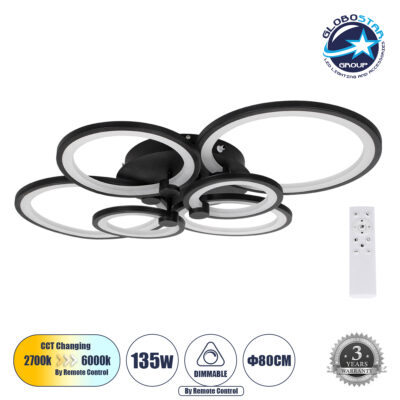 LEDTM® ROYAL-R 61323 Μοντέρνο Φωτιστικό Οροφής LED 135W 16200lm 360° AC 220-240V IP20 Ρυθμιζόμενο Λευκό CCT με Χειριστήριο από 2700K έως 6000K Dimmable - Lumileds SMD Chip - Μαύρο Ματ - Μ80.5 x Π59 x Υ12cm - 3 Χρόνια Εγγύηση