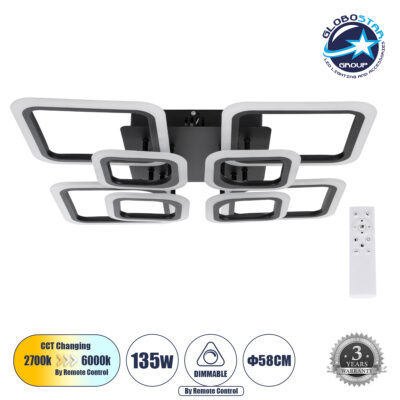 LEDTM® ROYAL-S 61325 Μοντέρνο Φωτιστικό Οροφής LED 135W 16200lm 360° AC 220-240V IP20 Ρυθμιζόμενο Λευκό CCT με Χειριστήριο από 2700K έως 6000K Dimmable - Lumileds SMD Chip - Μαύρο Ματ - Μ58.5 x Π58.5 x Υ12cm - 3 Χρόνια Εγγύηση