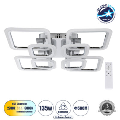 LEDTM® ROYAL-S 61326 Μοντέρνο Φωτιστικό Οροφής LED 135W 16200lm 360° AC 220-240V IP20 Ρυθμιζόμενο Λευκό CCT με Χειριστήριο από 2700K έως 6000K Dimmable - Lumileds SMD Chip - Ασημί Νίκελ - Μ58.5 x Π58.5 x Υ12cm - 3 Χρόνια Εγγύηση