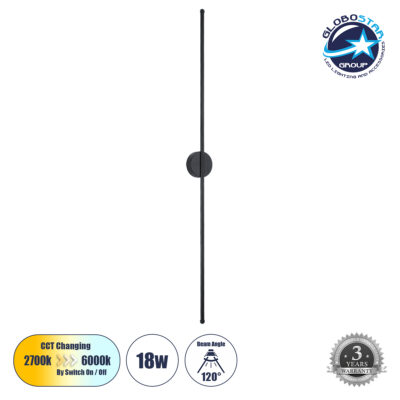LEDTM® DIADEM 61333 Μοντέρνο Φωτιστικό Τοίχου - Απλίκα LED 18W 2160lm 120° AC 220-240V IP20 Ρυθμιζόμενο Λευκό CCT με On/Off 2700K/4500K/6000K - Lumileds SMD Chip - Μαύρο Ματ - Μ10 x Π4 x Υ120cm - 3 Χρόνια Εγγύηση