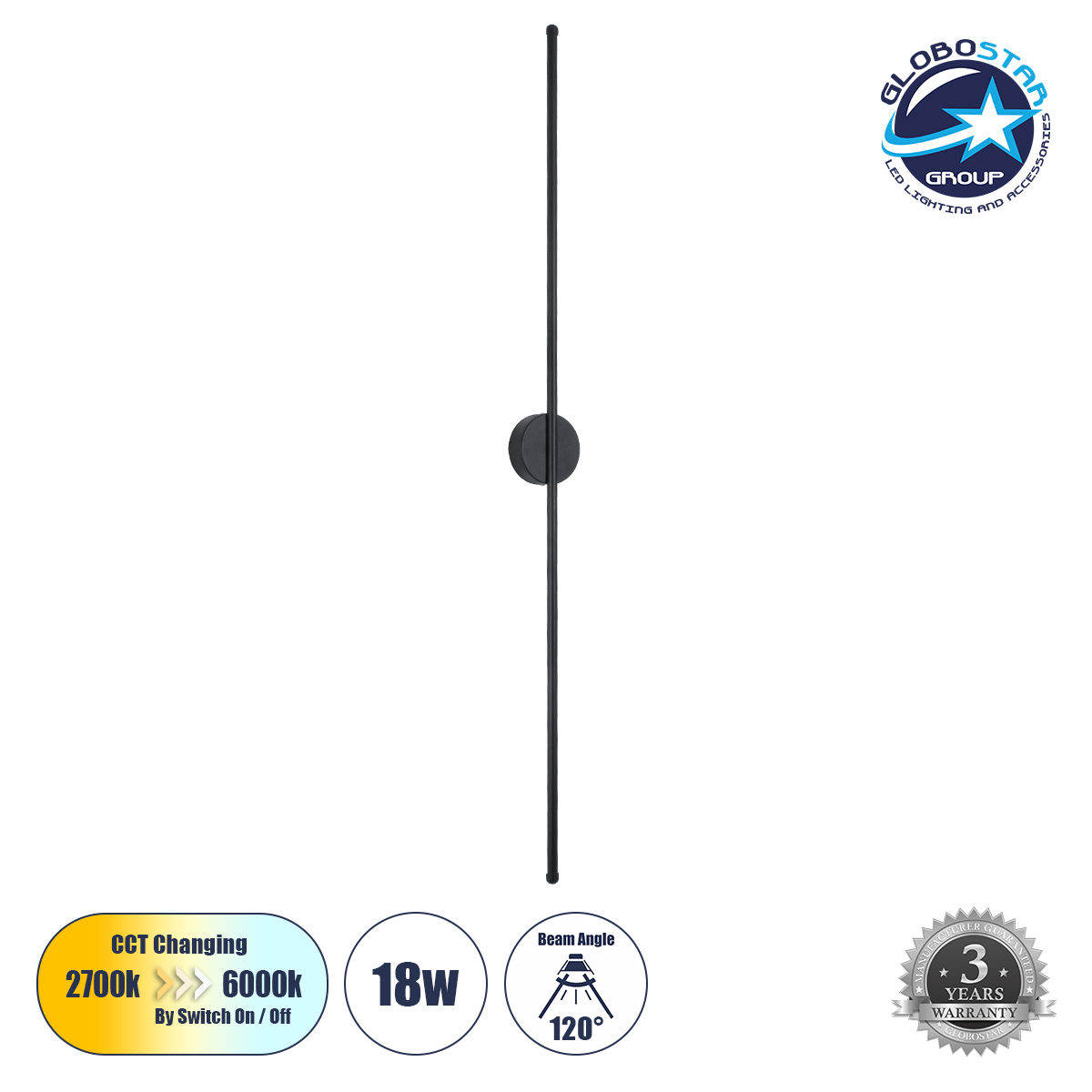 LEDTM® DIADEM 61333 Μοντέρνο Φωτιστικό Τοίχου - Απλίκα LED 18W 2160lm 120° AC 220-240V IP20 Ρυθμιζόμενο Λευκό CCT με On/Off 2700K/4500K/6000K - Lumileds SMD Chip - Μαύρο Ματ - Μ10 x Π4 x Υ120cm - 3 Χρόνια Εγγύηση