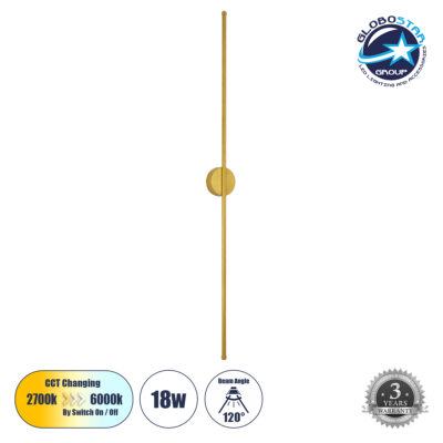 LEDTM® DIADEM 61334 Μοντέρνο Φωτιστικό Τοίχου - Απλίκα LED 18W 2160lm 120° AC 220-240V IP20 Ρυθμιζόμενο Λευκό CCT με On/Off 2700K/4500K/6000K - Lumileds SMD Chip - Χρυσό Βούρτσας - Μ10 x Π4 x Υ120cm - 3 Χρόνια Εγγύηση