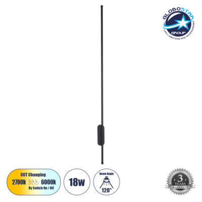 LEDTM® HARLEM 61335 Μοντέρνο Φωτιστικό Τοίχου - Απλίκα LED 18W 2160lm 120° AC 220-240V IP20 Ρυθμιζόμενο Λευκό CCT με On/Off 2700K/4500K/6000K - Lumileds SMD Chip - Μαύρο Ματ - Μ5 x Π4 x Υ120cm - 3 Χρόνια Εγγύηση