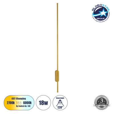 LEDTM® HARLEM 61336 Μοντέρνο Φωτιστικό Τοίχου - Απλίκα LED 18W 2160lm 120° AC 220-240V IP20 Ρυθμιζόμενο Λευκό CCT με On/Off 2700K/4500K/6000K - Lumileds SMD Chip - Χρυσό Βούρτσας - Μ5 x Π4 x Υ120cm - 3 Χρόνια Εγγύηση