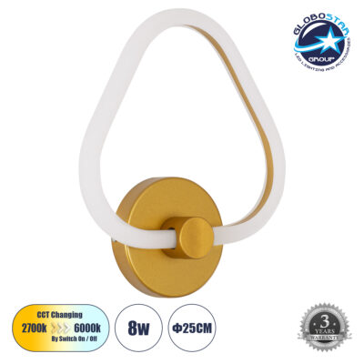LEDTM® REGINA 61342 Μοντέρνο Φωτιστικό Τοίχου - Απλίκα LED 8W 960lm 360° AC 220-240V IP20 Ρυθμιζόμενο Λευκό CCT με On/Off 2700K/4500K/6000K - Lumileds SMD Chip - Χρυσό - Μ25 x Π7 x Υ28.5cm - 3 Χρόνια Εγγύηση