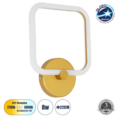 LEDTM® ELIZA 61344 Μοντέρνο Φωτιστικό Τοίχου - Απλίκα LED 8W 960lm 360° AC 220-240V IP20 Ρυθμιζόμενο Λευκό CCT με On/Off 2700K/4500K/6000K - Lumileds SMD Chip - Χρυσό - Μ22 x Π5 x Υ28.5cm - 3 Χρόνια Εγγύηση