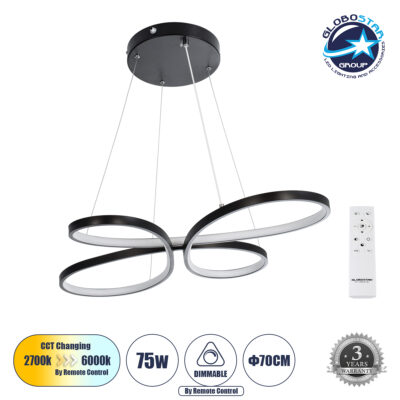 LEDTM® BUTTERFLY 61391 Μοντέρνο Κρεμαστό Φωτιστικό Οροφής LED 75W 8400lm 300° AC 220-240V IP20 Ρυθμιζόμενο Λευκό CCT με Χειριστήριο από 2700K έως 6000K Dimmable - Lumileds SMD Chip - Μαύρο Ματ - Μ70 x Π55 x Υ4cm - 3 Χρόνια Εγγύηση