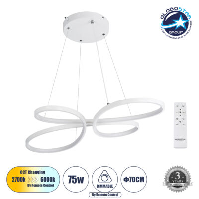LEDTM® BUTTERFLY 61392 Μοντέρνο Κρεμαστό Φωτιστικό Οροφής LED 75W 8400lm 300° AC 220-240V IP20 Ρυθμιζόμενο Λευκό CCT με Χειριστήριο από 2700K έως 6000K Dimmable - Lumileds SMD Chip - Λευκό Ματ - Μ70 x Π55 x Υ4cm - 3 Χρόνια Εγγύηση