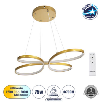 LEDTM® BUTTERFLY 61393 Μοντέρνο Κρεμαστό Φωτιστικό Οροφής LED 75W 8400lm 300° AC 220-240V IP20 Ρυθμιζόμενο Λευκό CCT με Χειριστήριο από 2700K έως 6000K Dimmable - Lumileds SMD Chip - Χρυσό Βούρτσας - Μ70 x Π55 x Υ4cm - 3 Χρόνια Εγγύηση