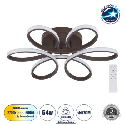 LEDTM® MARGARET 61402 Μοντέρνο Φωτιστικό Οροφής LED 54W 6210lm 360° AC 220-240V IP20 Ρυθμιζόμενο Λευκό CCT με Χειριστήριο από 2700K έως 6000K Dimmable - Lumileds SMD Chip - Καφέ Ματ - Μ57 x Π57 x Υ12cm - 3 Χρόνια Εγγύηση