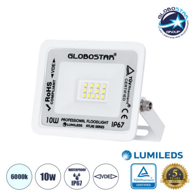 LEDTM® ATLAS 61404 Προβολέας LED 10W 1250lm 120° AC 220-240V Αδιάβροχο IP67 Ψυχρό Λευκό 6000K - Lumileds SMD Chip - TÜV Rheinland Certified - Λευκό Ματ - Μ10 x Π2 x Υ8cm - 5 Χρόνια Εγγύηση