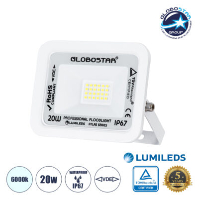 LEDTM® ATLAS 61407 Προβολέας LED 20W 2500lm 120° AC 220-240V Αδιάβροχο IP67 Ψυχρό Λευκό 6000K - Lumileds SMD Chip - TÜV Rheinland Certified - Λευκό Ματ - Μ12 x Π2.5 x Υ9.5cm - 5 Χρόνια Εγγύηση