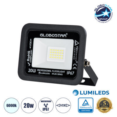 LEDTM® ATLAS 61410 Προβολέας LED 20W 2500lm 120° AC 220-240V Αδιάβροχο IP67 Ψυχρό Λευκό 6000K - Lumileds SMD Chip - TÜV Rheinland Certified - Μαύρο Ματ - Μ12 x Π2.5 x Υ9.5cm - 5 Χρόνια Εγγύηση