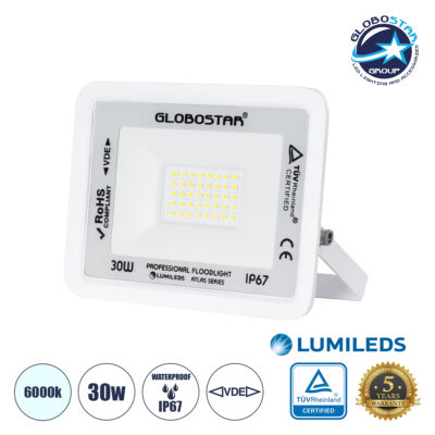 LEDTM® ATLAS 61413 Προβολέας LED 30W 3750lm 120° AC 220-240V Αδιάβροχο IP67 Ψυχρό Λευκό 6000K - Lumileds SMD Chip - TÜV Rheinland Certified - Λευκό Ματ - Μ16 x Π2.5 x Υ12.5cm - 5 Χρόνια Εγγύηση