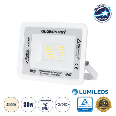 LEDTM® ATLAS 61414 Προβολέας LED 30W 3600lm 120° AC 220-240V Αδιάβροχο IP67 Φυσικό Λευκό 4500K - Lumileds SMD Chip - TÜV Rheinland Certified - Λευκό Ματ - Μ16 x Π2.5 x Υ12.5cm - 5 Χρόνια Εγγύηση
