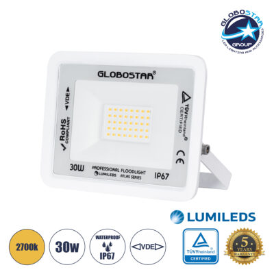 LEDTM® ATLAS 61415 Προβολέας LED 30W 3450lm 120° AC 220-240V Αδιάβροχο IP67 Θερμό Λευκό 2700K - Lumileds SMD Chip - TÜV Rheinland Certified - Λευκό Ματ - Μ16 x Π2.5 x Υ12.5cm - 5 Χρόνια Εγγύηση