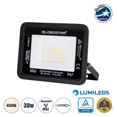 LEDTM® ATLAS 61417 Προβολέας LED 30W 3600lm 120° AC 220-240V Αδιάβροχο IP67 Φυσικό Λευκό 4500K - Lumileds SMD Chip - TÜV Rheinland Certified - Μαύρο Ματ - Μ16 x Π2.5 x Υ12.5cm - 5 Χρόνια Εγγύηση