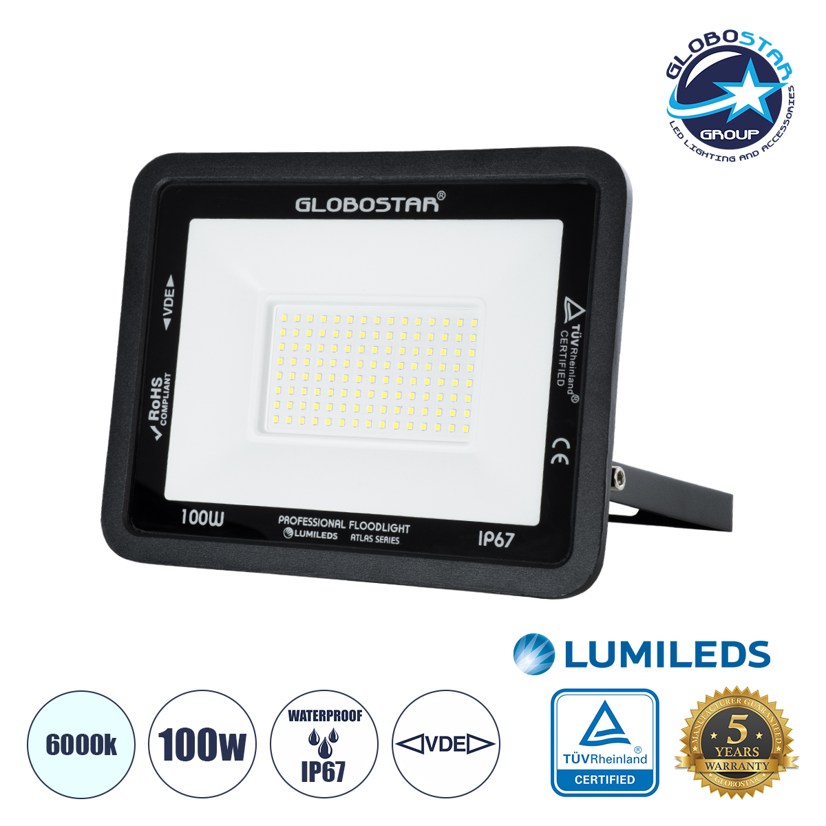 LEDTM® ATLAS 61425 Προβολέας LED 100W 12500lm 120° AC 220-240V Αδιάβροχο IP67 Ψυχρό Λευκό 6000K - Lumileds SMD Chip - TÜV Rheinland Certified - Μαύρο Ματ - Μ27 x Π4 x Υ21cm - 5 Χρόνια Εγγύηση