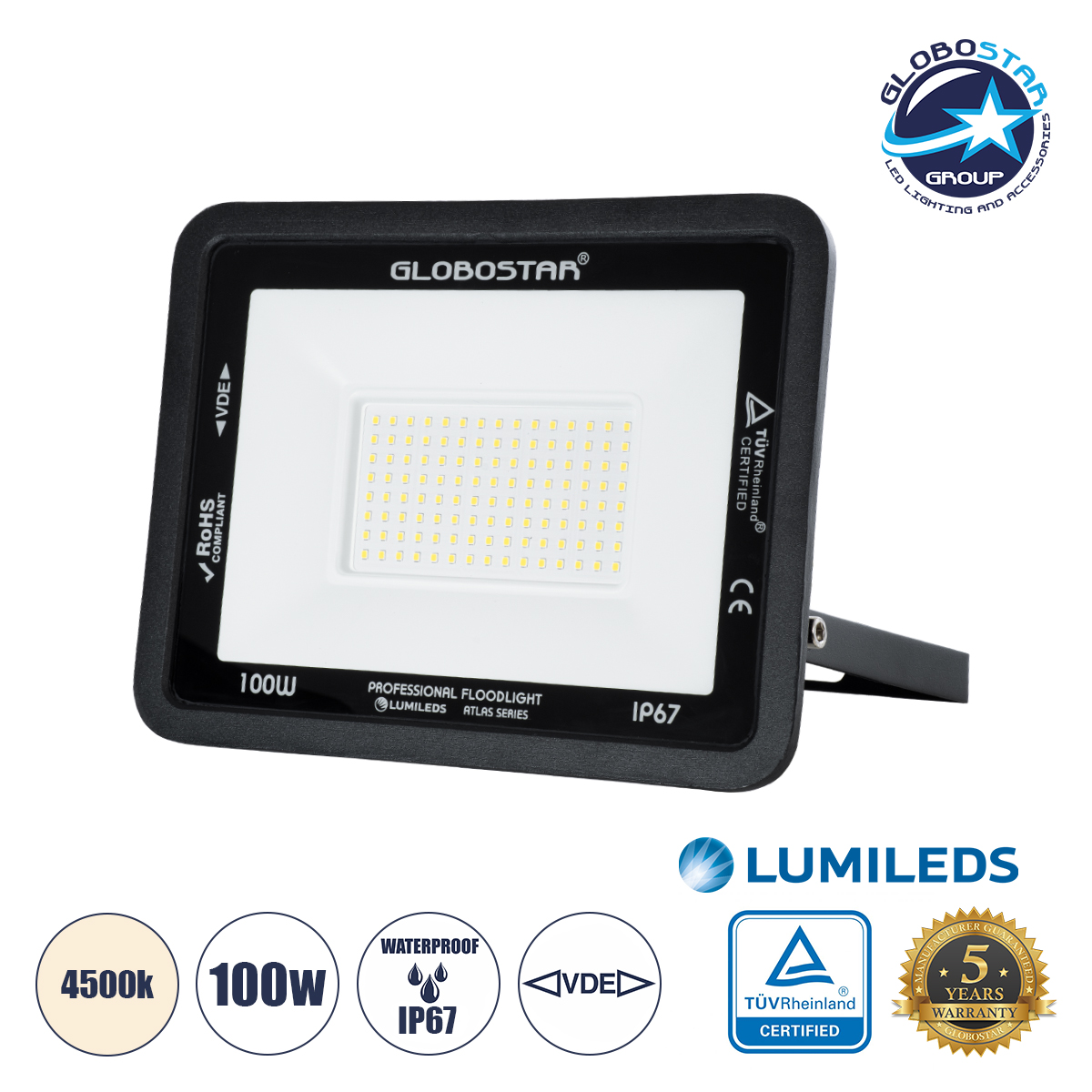 LEDTM® ATLAS 61426 Προβολέας LED 100W 12000lm 120° AC 220-240V Αδιάβροχο IP67 Φυσικό Λευκό 4500K - Lumileds SMD Chip - TÜV Rheinland Certified - Μαύρο Ματ - Μ27 x Π4 x Υ21cm - 5 Χρόνια Εγγύηση