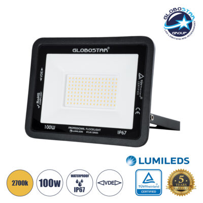 LEDTM® ATLAS 61427 Προβολέας LED 100W 11500lm 120° AC 220-240V Αδιάβροχο IP67 Θερμό Λευκό 2700K - Lumileds SMD Chip - TÜV Rheinland Certified - Μαύρο Ματ - Μ27 x Π4 x Υ21cm - 5 Χρόνια Εγγύηση